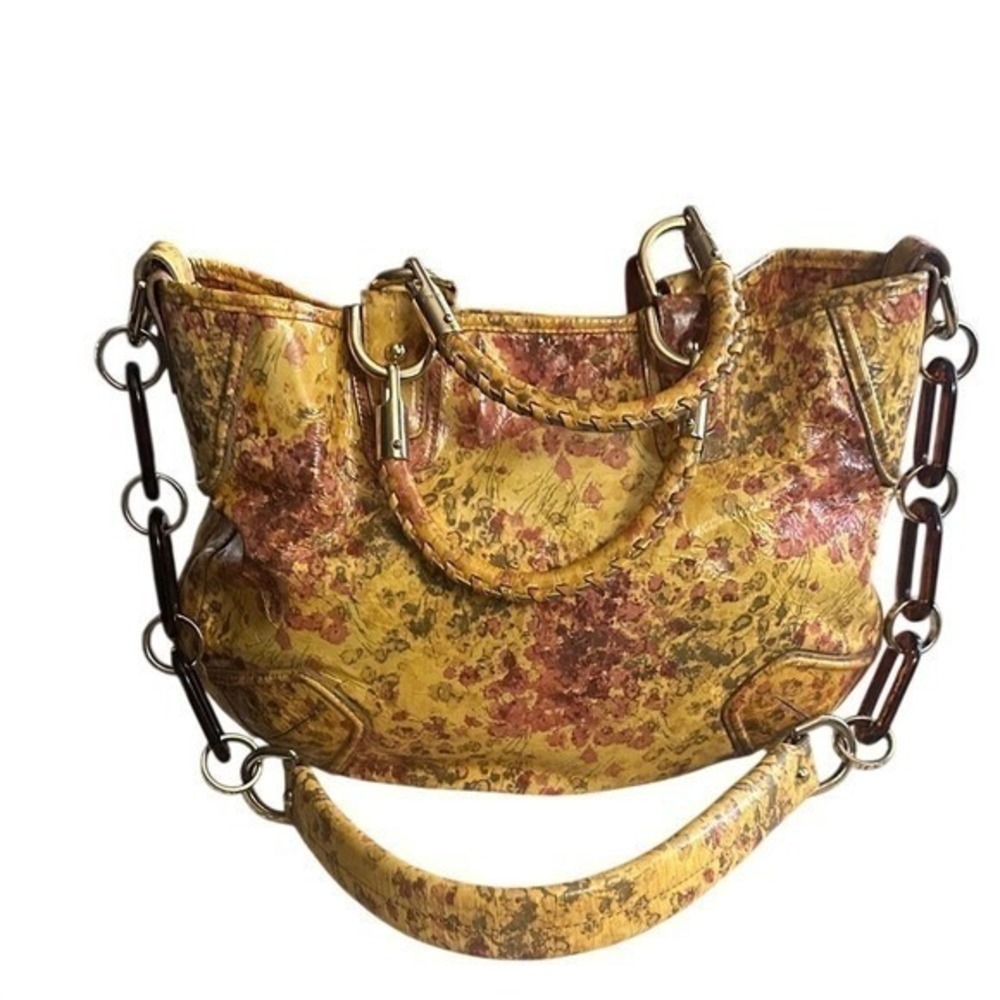Bally Yellow Floral Distressed Leather Tote Bag Made in Italy Tortoise Chain - Picture 2 of 16